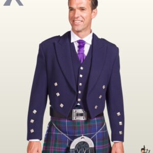 Medium close-up shot of a men's navy blue Prince Charlie kilt jacket and matching waistcoat highlighting square silver buttons and a purple tie.