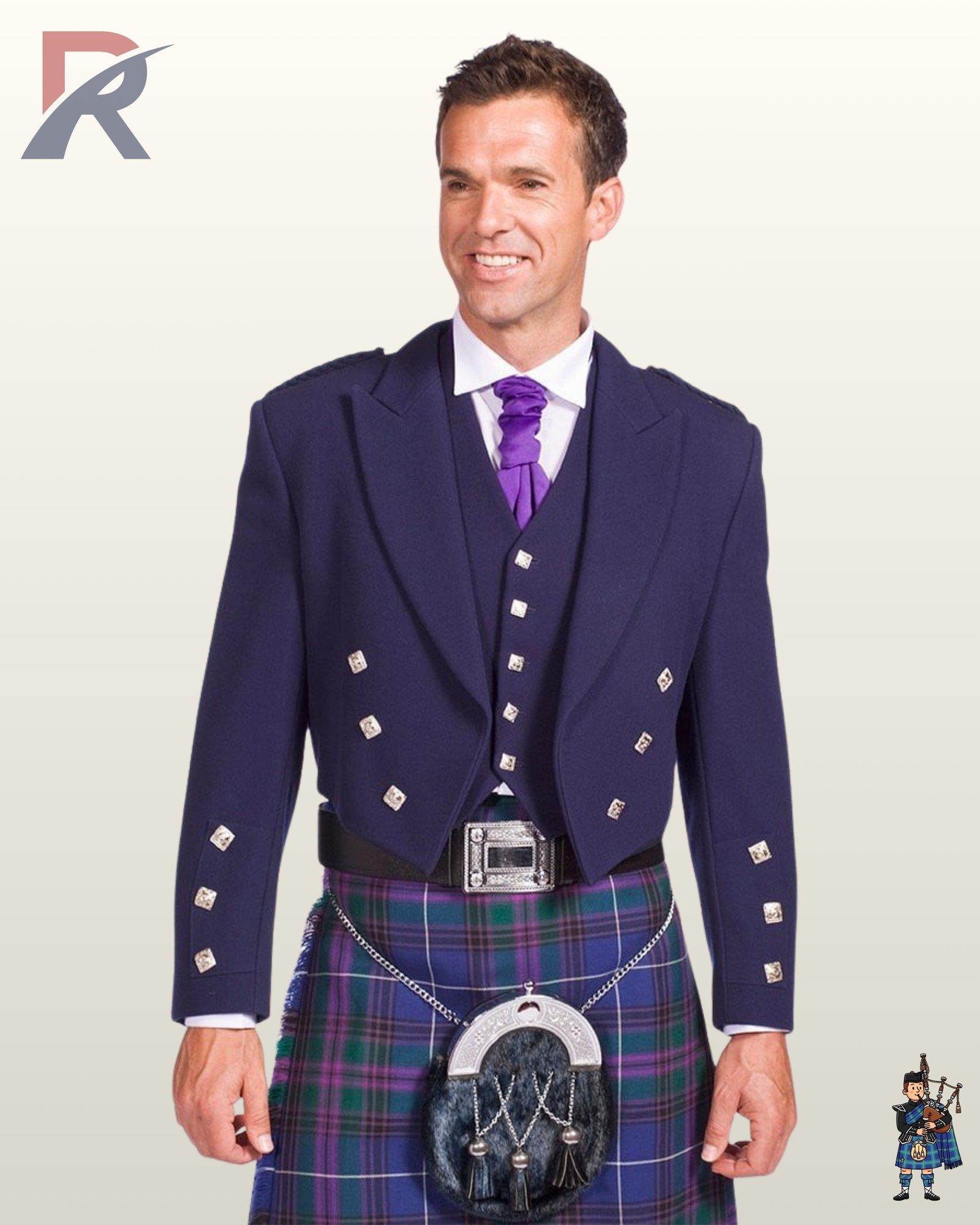 Medium close-up shot of a men's navy blue Prince Charlie kilt jacket and matching waistcoat highlighting square silver buttons and a purple tie.