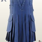 Front view of a men's navy blue utility kilt featuring a V-shaped front apron with eyelet straps and D-rings.