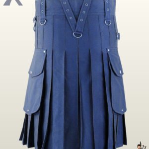 Front view of a men's navy blue utility kilt featuring a V-shaped front apron with eyelet straps and D-rings.