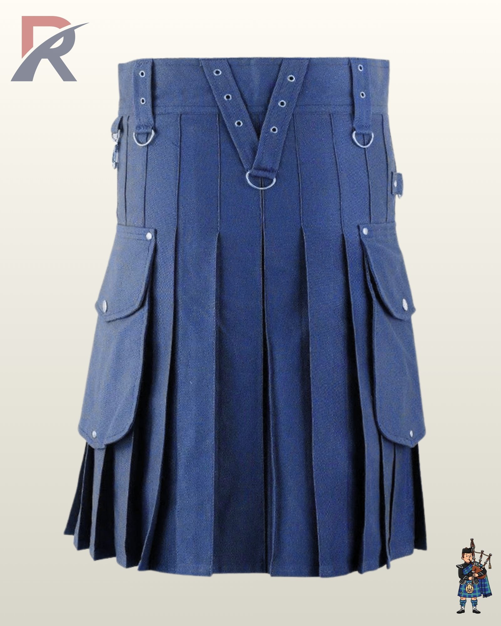 Front view of a men's navy blue utility kilt featuring a V-shaped front apron with eyelet straps and D-rings.