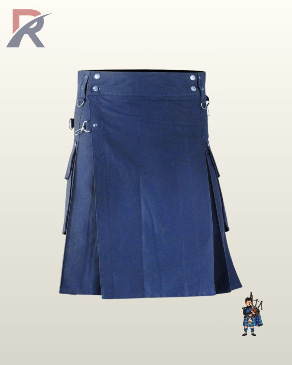 Men's navy blue cotton tactical kilt styled with large side cargo pockets and silver grommet details.