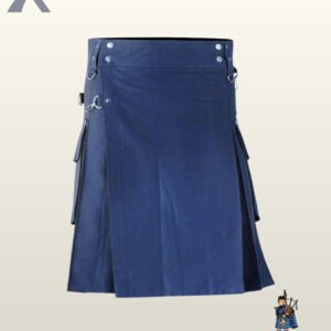 Men's navy blue cotton tactical kilt styled with large side cargo pockets and silver grommet details.