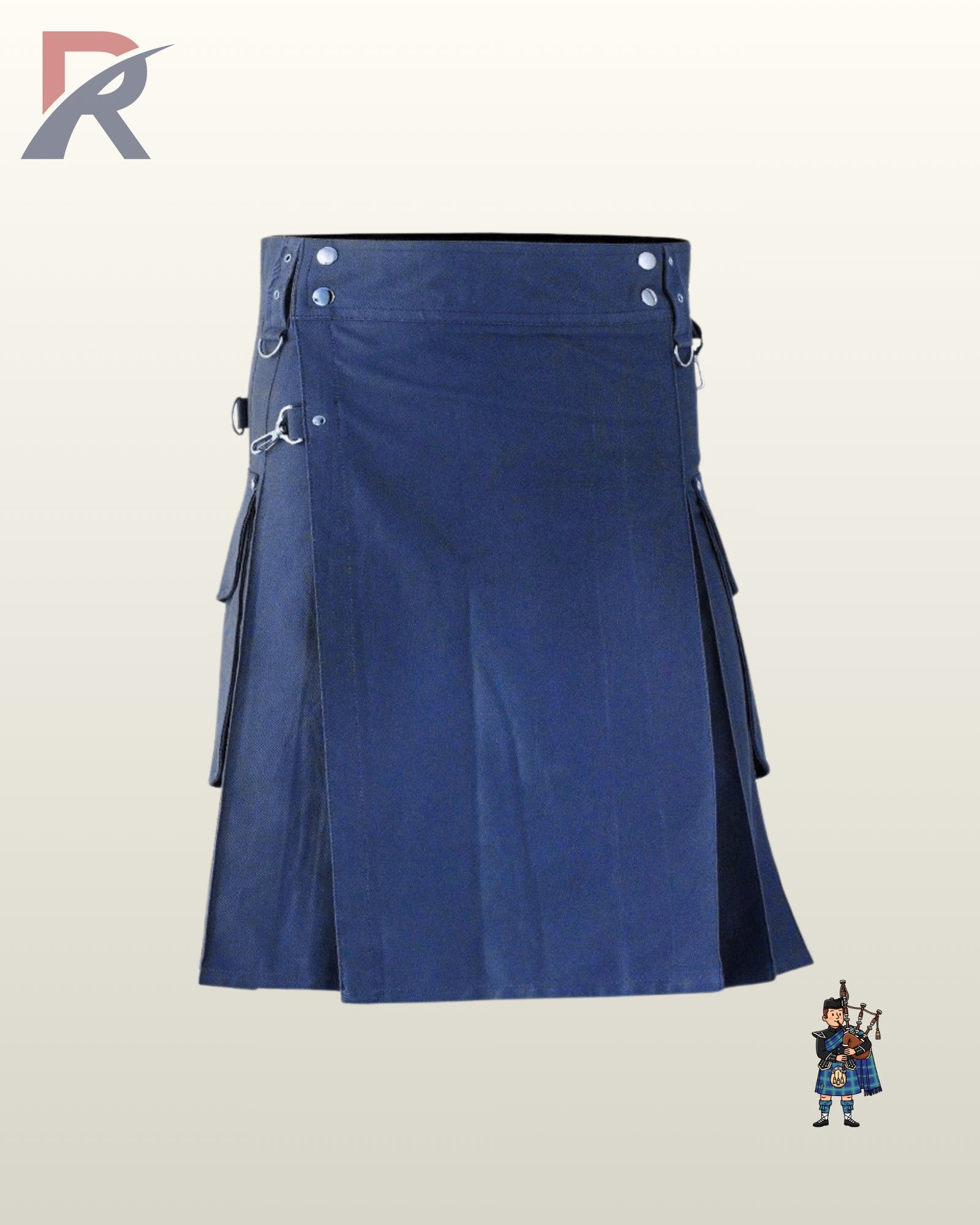 Men's navy blue cotton tactical kilt styled with large side cargo pockets and silver grommet details.