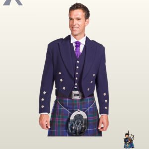 Full-length front view of a man wearing a navy blue Prince Charlie kilt jacket, 3-button waistcoat, purple cravat tie, and tartan kilt.