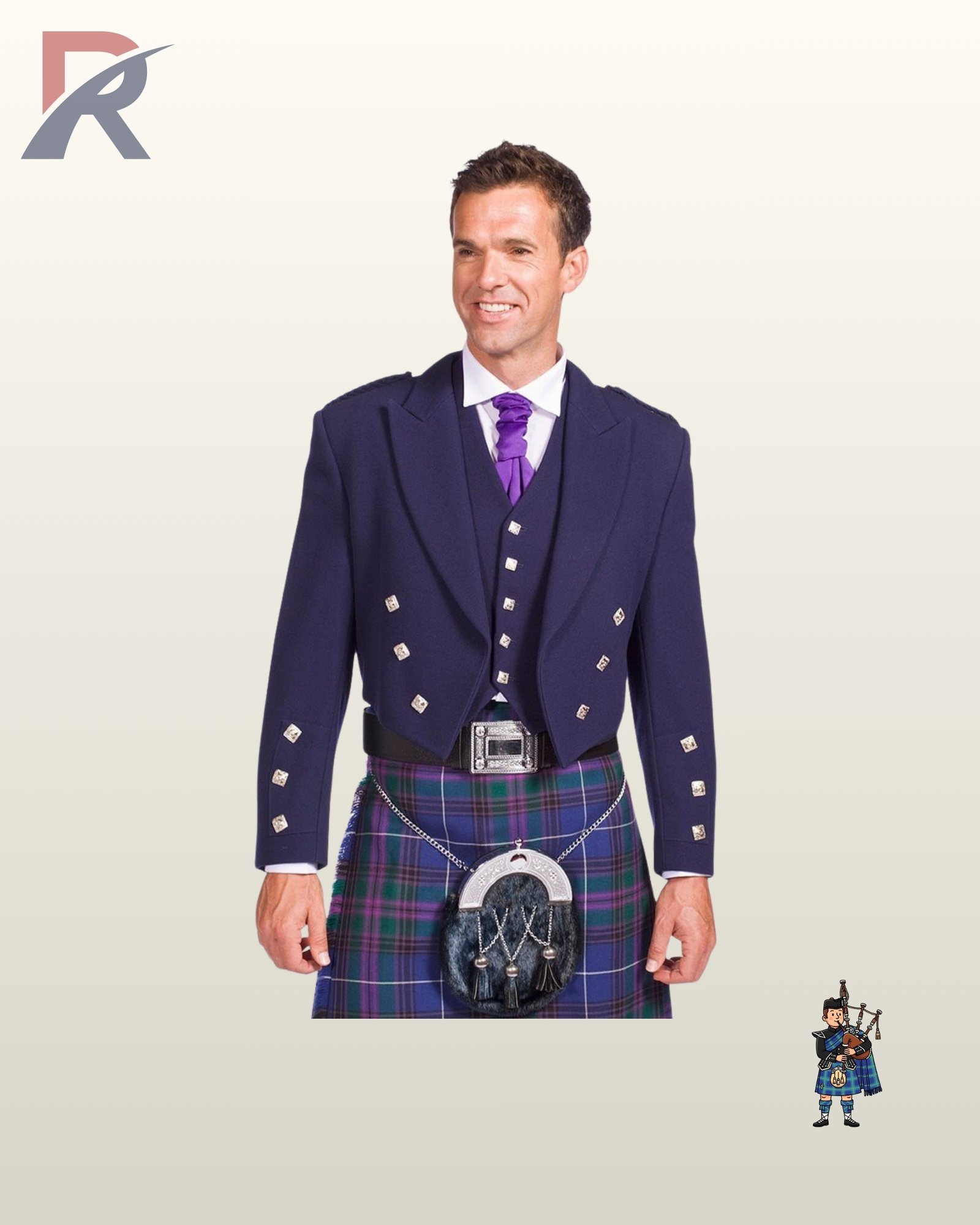 Full-length front view of a man wearing a navy blue Prince Charlie kilt jacket, 3-button waistcoat, purple cravat tie, and tartan kilt.