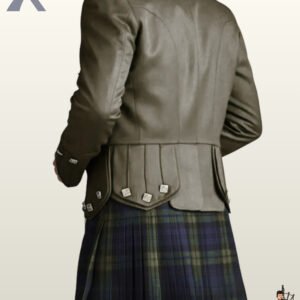 Rear view of a men's olive green wool Prince Charlie kilt jacket showing scalloped skirt tails decorated with square silver buttons.
