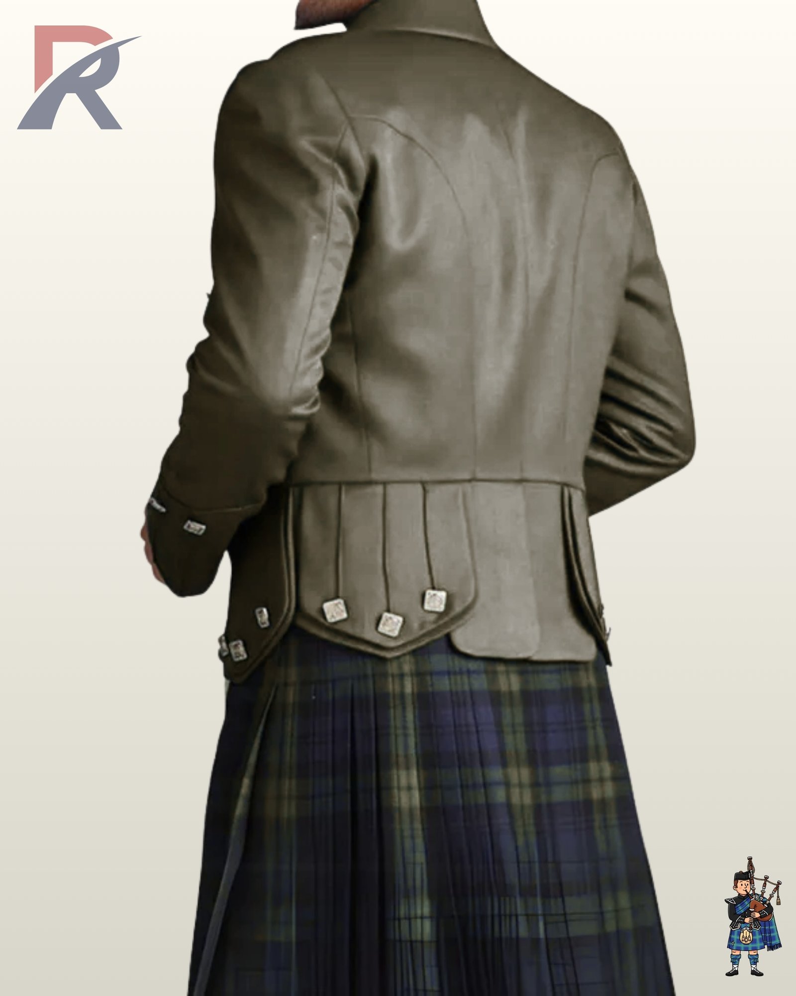 Rear view of a men's olive green wool Prince Charlie kilt jacket showing scalloped skirt tails decorated with square silver buttons.