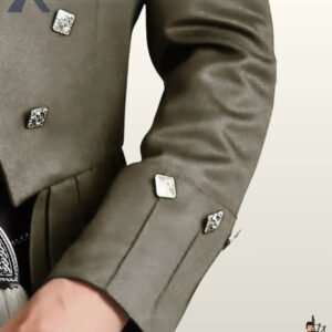 Close-up shot of a men's olive green Prince Charlie kilt jacket sleeve highlighting gauntlet cuffs and square silver buttons.