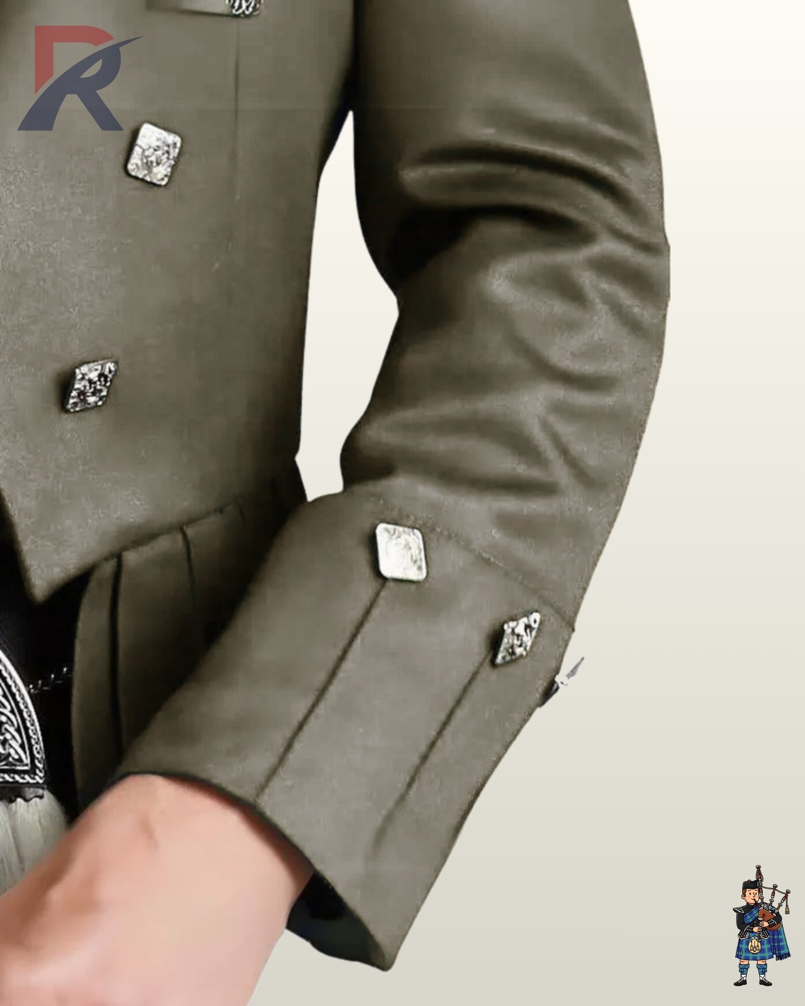 Close-up shot of a men's olive green Prince Charlie kilt jacket sleeve highlighting gauntlet cuffs and square silver buttons.