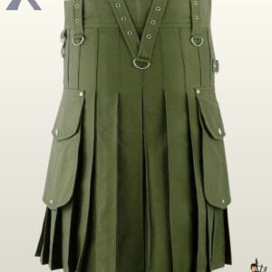 Front view of a men's olive green utility kilt featuring a V-shaped front apron with silver eyelet straps.