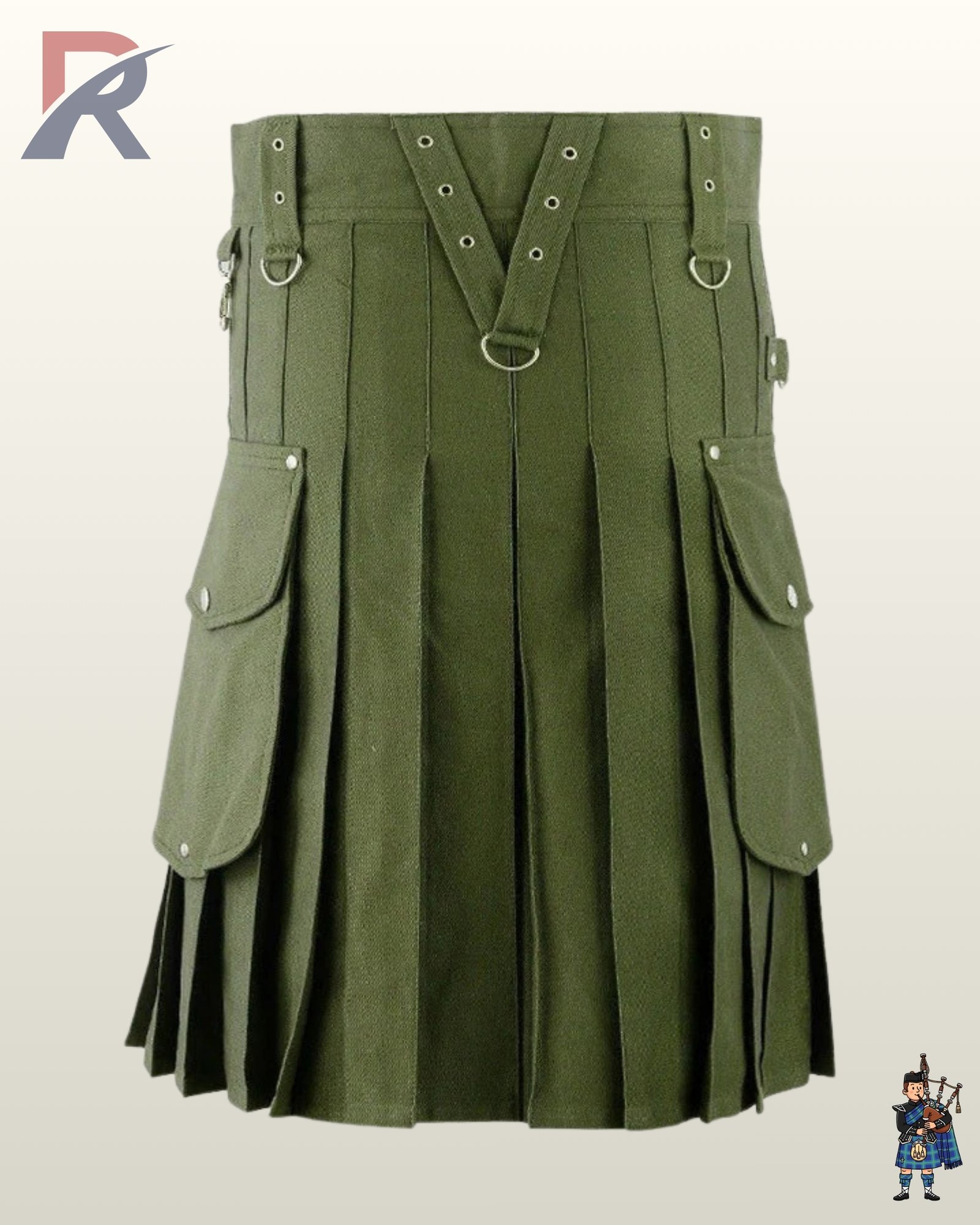 Front view of a men's olive green utility kilt featuring a V-shaped front apron with silver eyelet straps.
