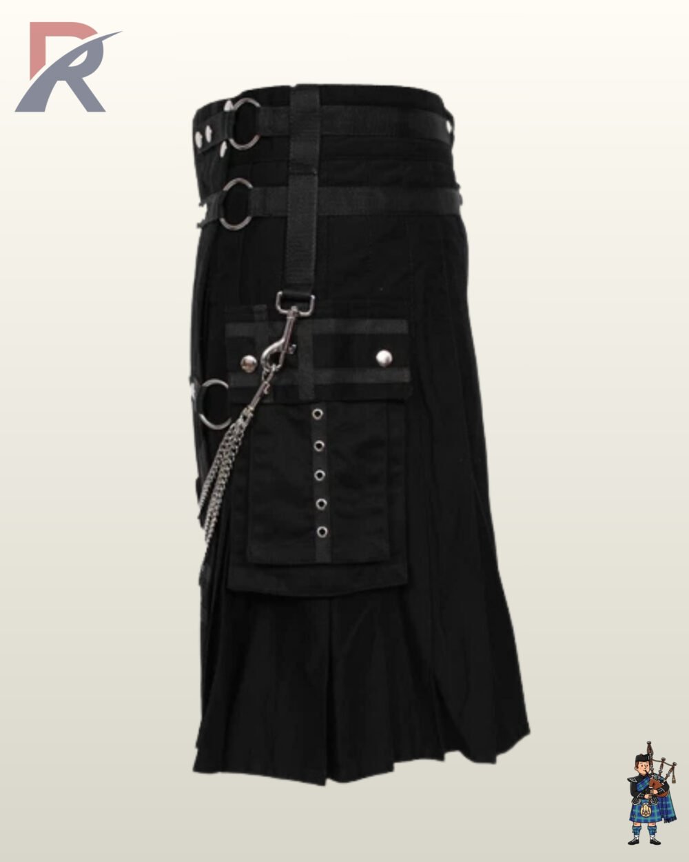 All-black utility work kilt for men detailed with adjustable waistband straps, metallic clips, and front chain draping.