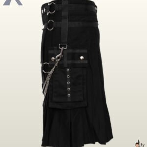 All-black utility work kilt for men detailed with adjustable waistband straps, metallic clips, and front chain draping.