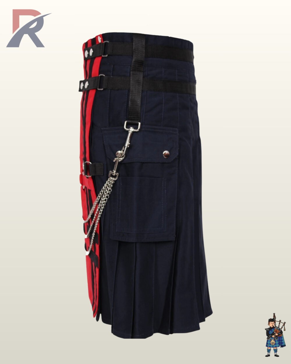 Two-tone hybrid utility kilt styled with a bright red front apron, black contrast stripes, and metallic hardware.