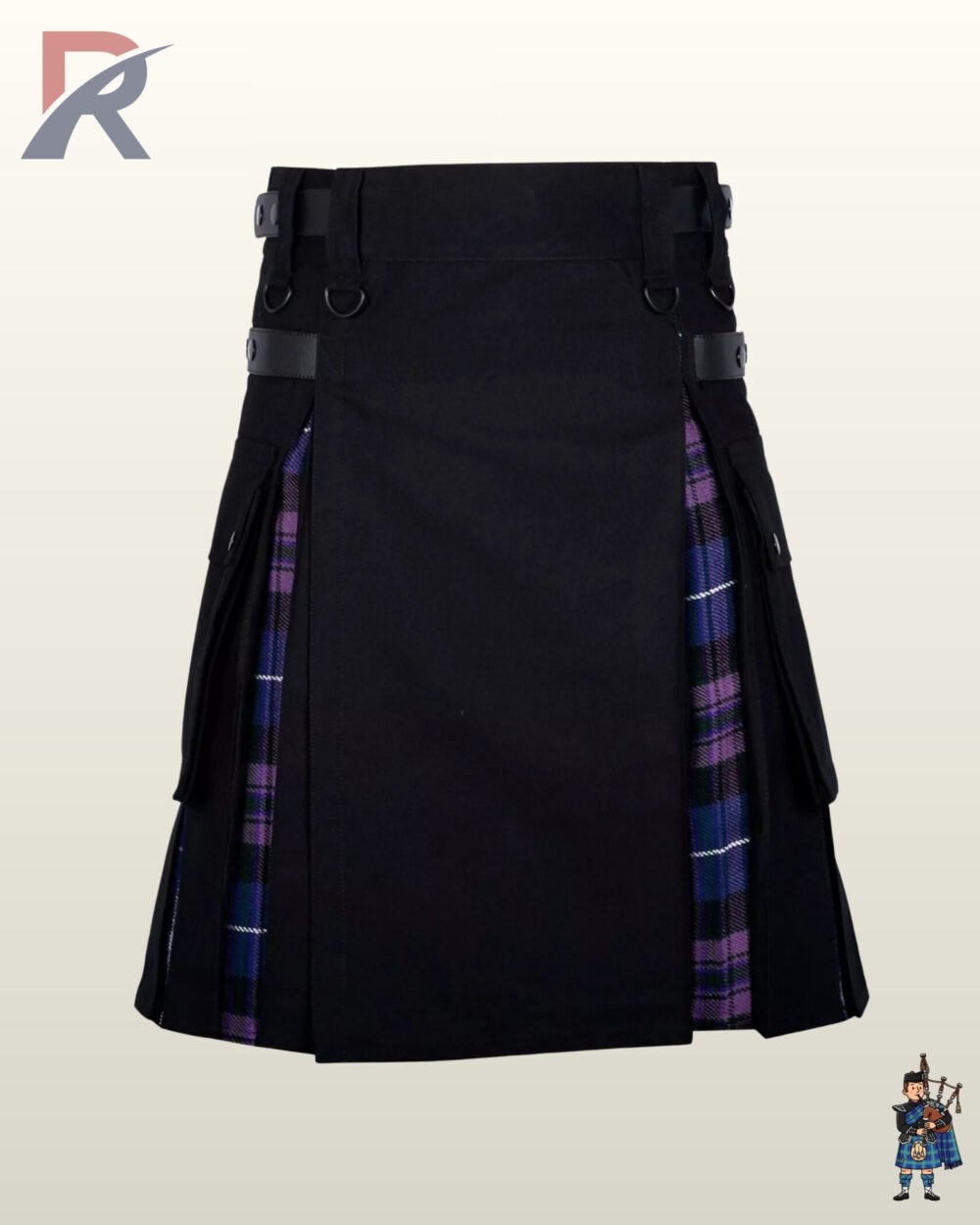 Gothic-style men's hybrid canvas kilt showing black outer pleats with a purple tartan pleated reveal.