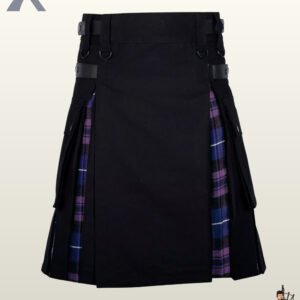 Gothic-style men's hybrid canvas kilt showing black outer pleats with a purple tartan pleated reveal.