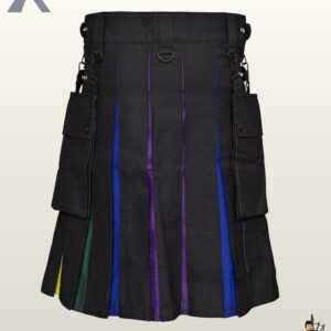 Men's black canvas utility kilt featuring vibrant rainbow-colored inner pleats and a detachable front cargo pocket.