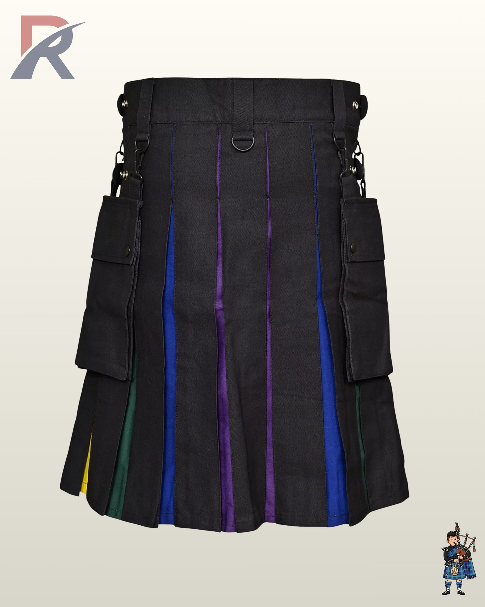 Men's black canvas utility kilt featuring vibrant rainbow-colored inner pleats and a detachable front cargo pocket.