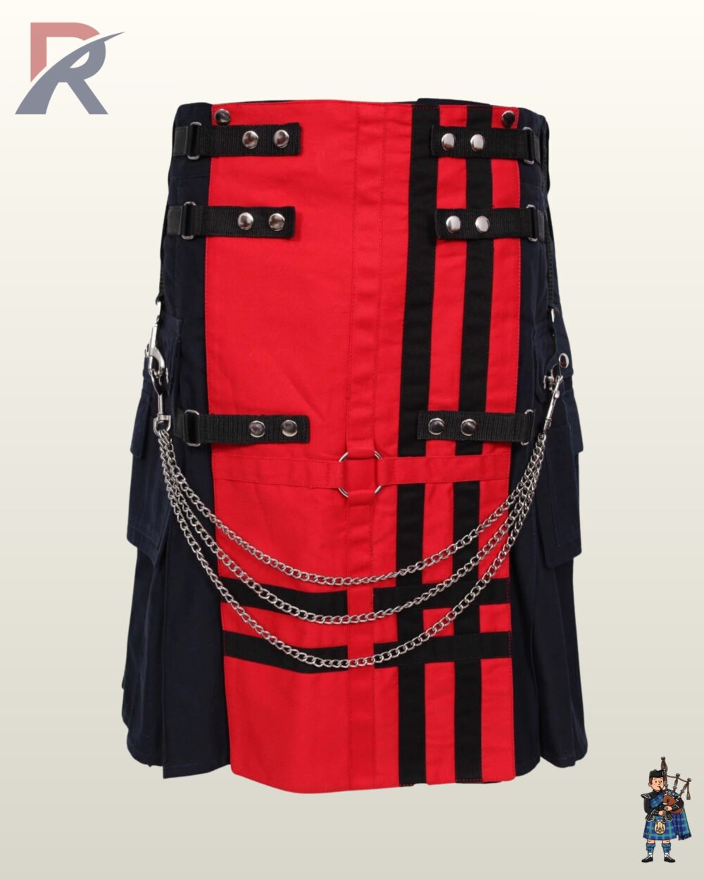 Gothic punk men's tactical kilt displaying layered front chains, black webbing straps, and silver snap buttons.