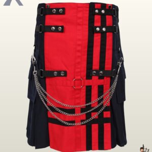 Gothic punk men's tactical kilt displaying layered front chains, black webbing straps, and silver snap buttons.