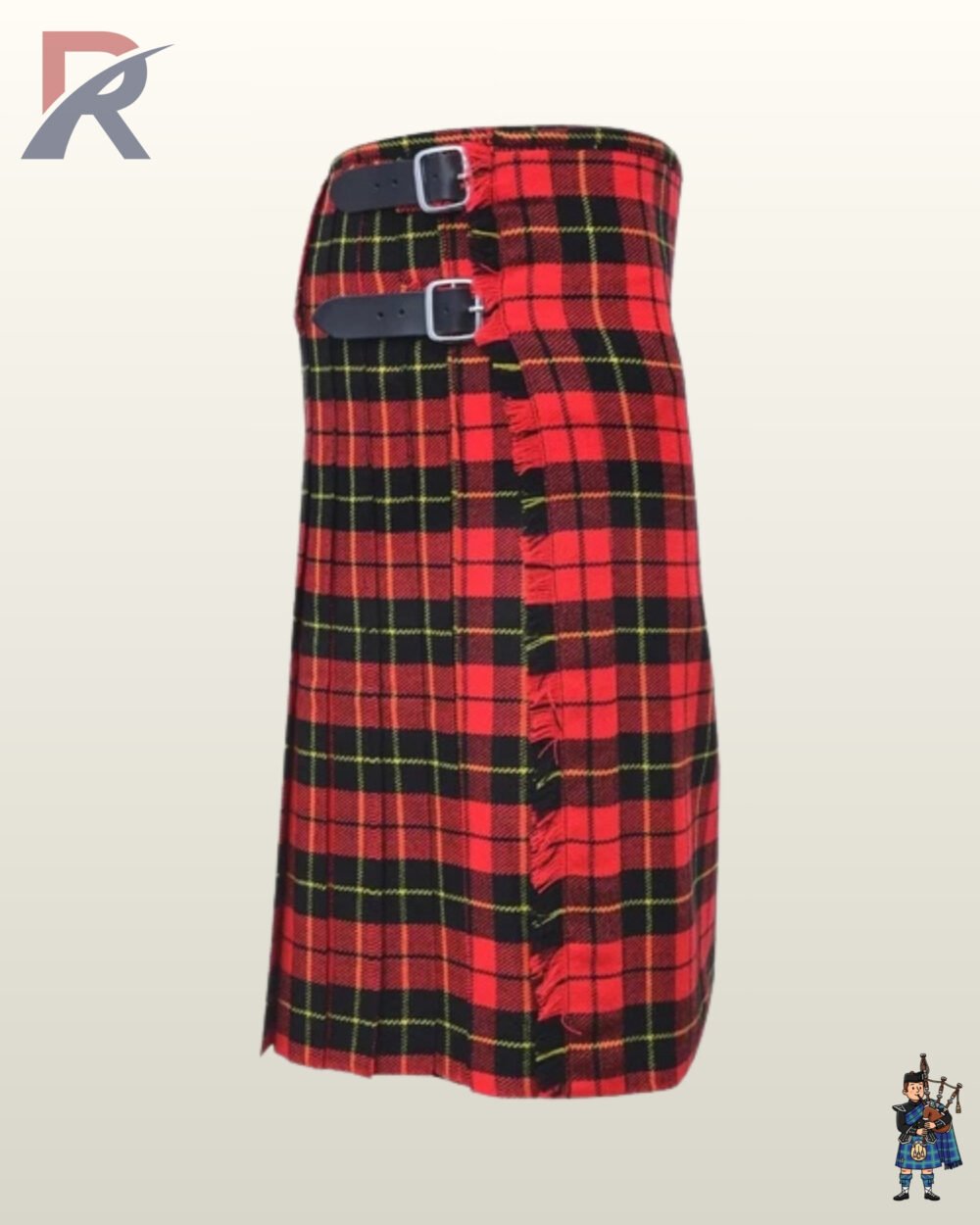 Men's Royal Stewart tartan kilt detailed with yellow accent lines and silver buckle fastenings.