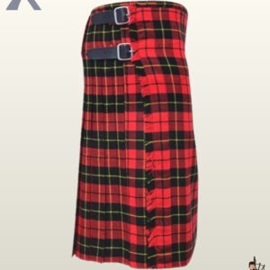 Men's Royal Stewart tartan kilt detailed with yellow accent lines and silver buckle fastenings.