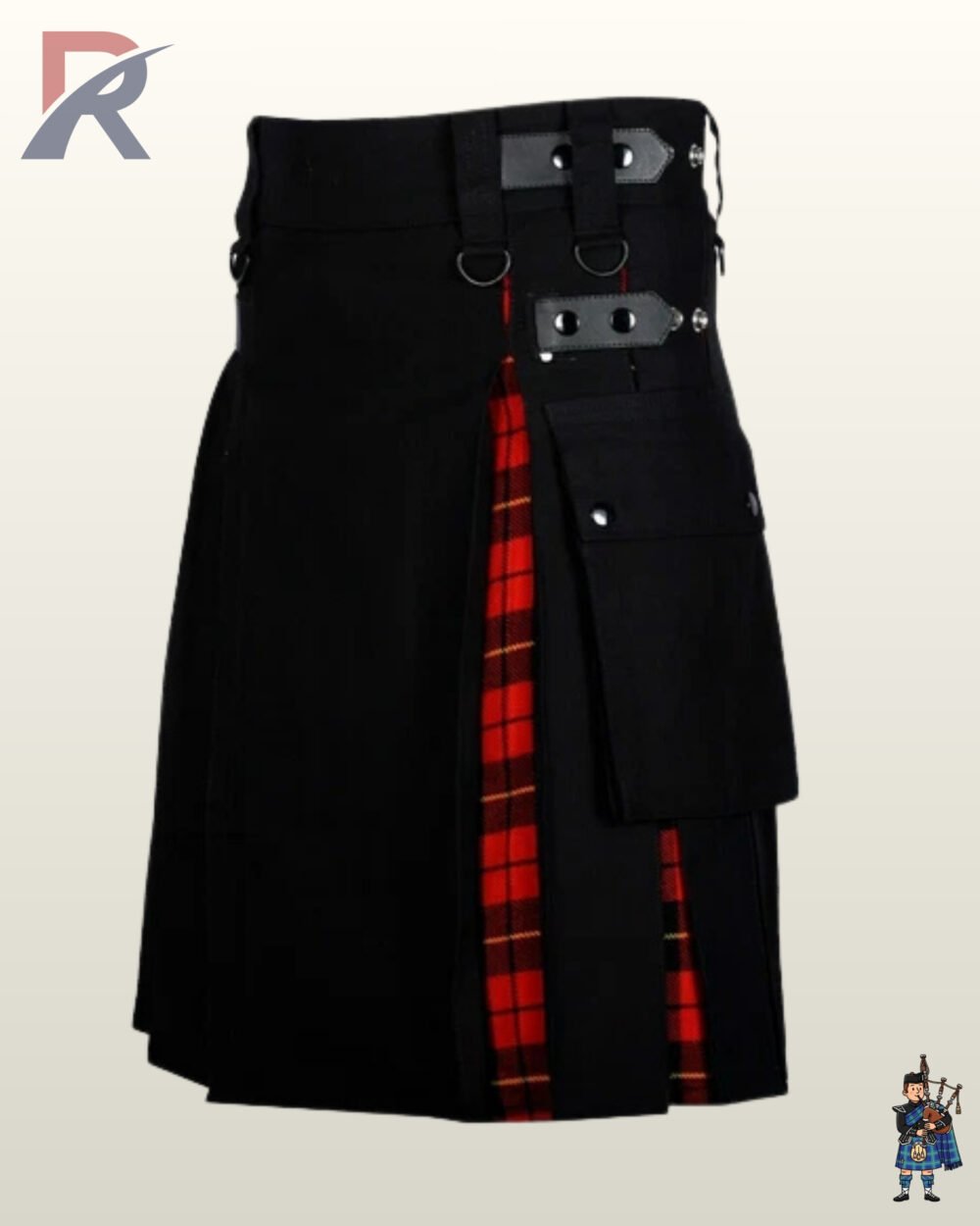Gothic punk black cargo kilt displaying red tartan inner pleats, silver D-rings, and flap pockets.