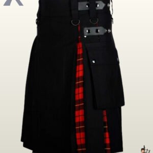 Gothic punk black cargo kilt displaying red tartan inner pleats, silver D-rings, and flap pockets.