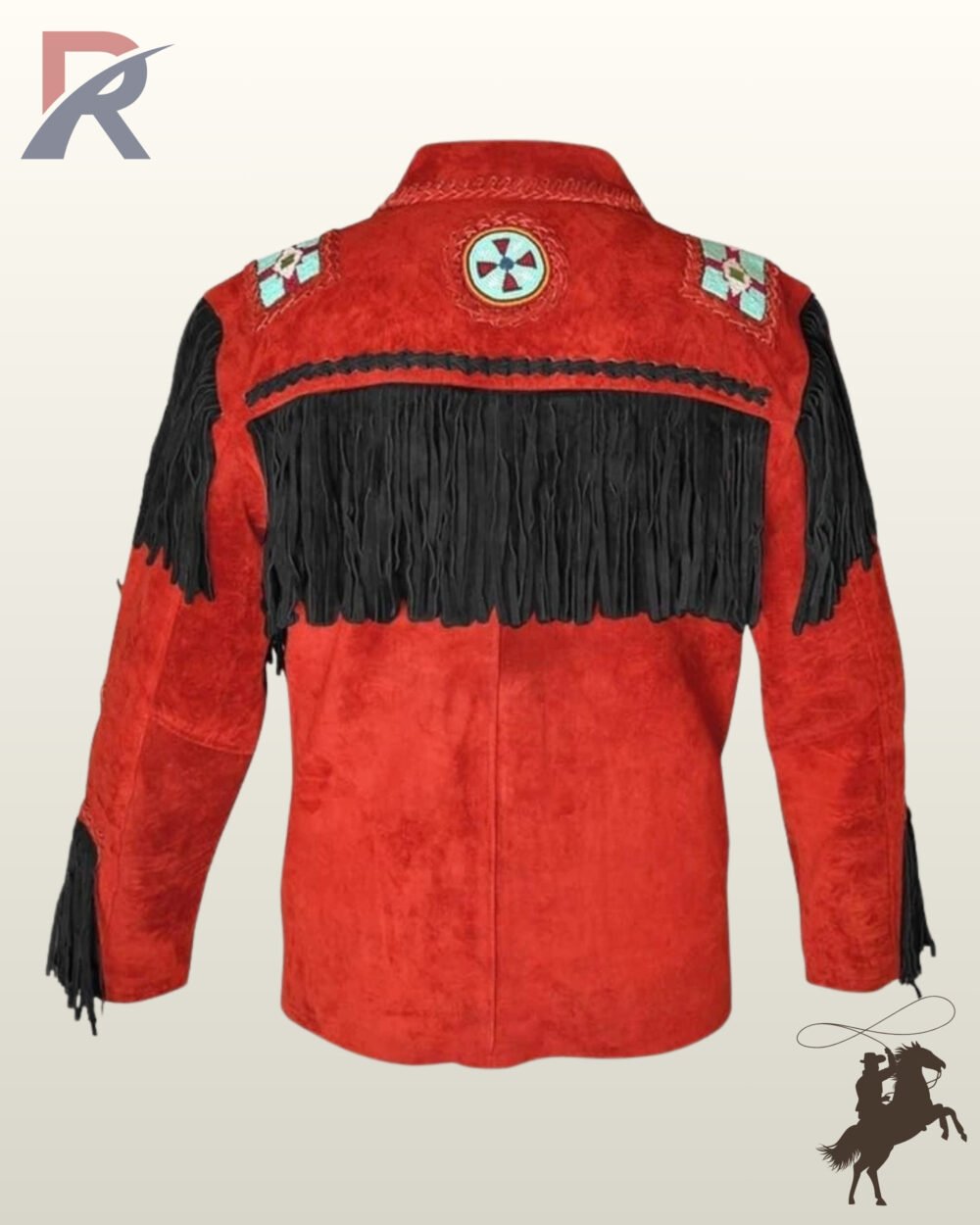 Rear view of a men's red suede western jacket featuring a black suede fringed back yoke, whipstitched trim, and a circular beaded medicine wheel emblem.