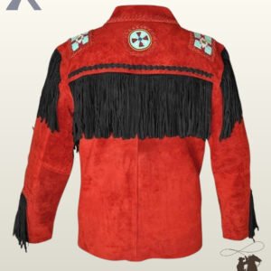 Rear view of a men's red suede western jacket featuring a black suede fringed back yoke, whipstitched trim, and a circular beaded medicine wheel emblem.