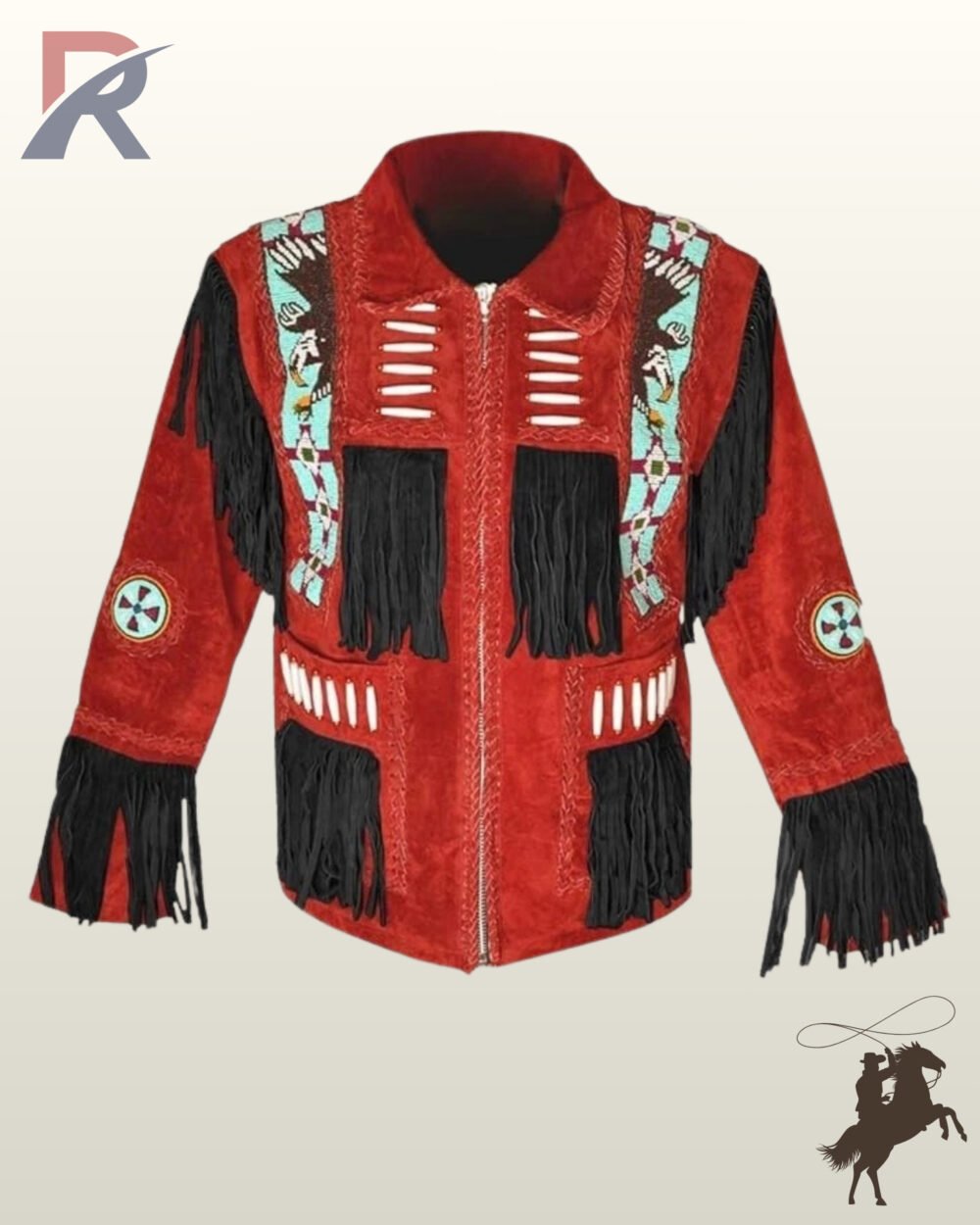 Front view of a men's red suede western jacket featuring black fringe panels, turquoise eagle beaded shoulder strips, bone pipe beads, and zipper closure.