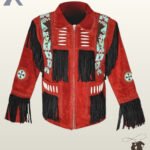 Front view of a men's red suede western jacket featuring black fringe panels, turquoise eagle beaded shoulder strips, bone pipe beads, and zipper closure.