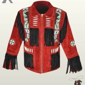 Front view of a men's red suede western jacket featuring black fringe panels, turquoise eagle beaded shoulder strips, bone pipe beads, and zipper closure.
