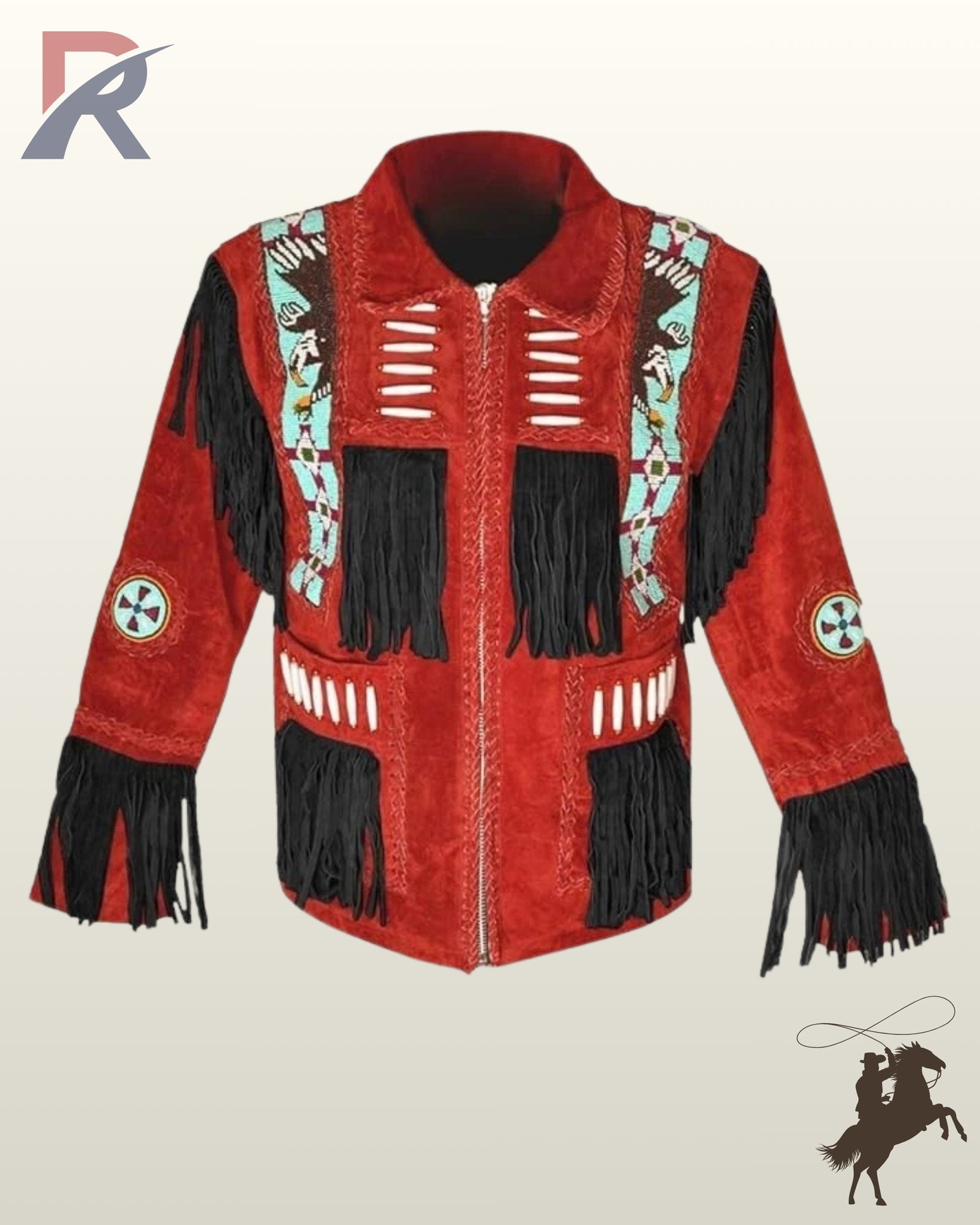 Front view of a men's red suede western jacket featuring black fringe panels, turquoise eagle beaded shoulder strips, bone pipe beads, and zipper closure.