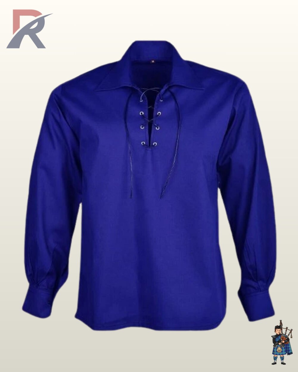 Front view of a men's royal blue Jacobite ghillie shirt styled with a black leather laced neckline and metal eyelets.