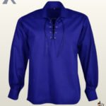 Front view of a men's royal blue Jacobite ghillie shirt styled with a black leather laced neckline and metal eyelets.
