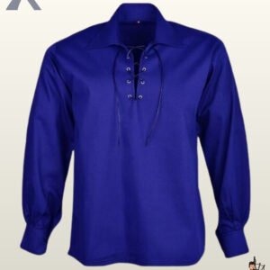 Front view of a men's royal blue Jacobite ghillie shirt styled with a black leather laced neckline and metal eyelets.