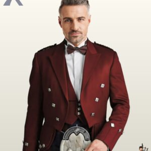Front view of a model wearing a formal maroon burgundy Prince Charlie kilt jacket set with a matching low-cut waistcoat and bow tie.