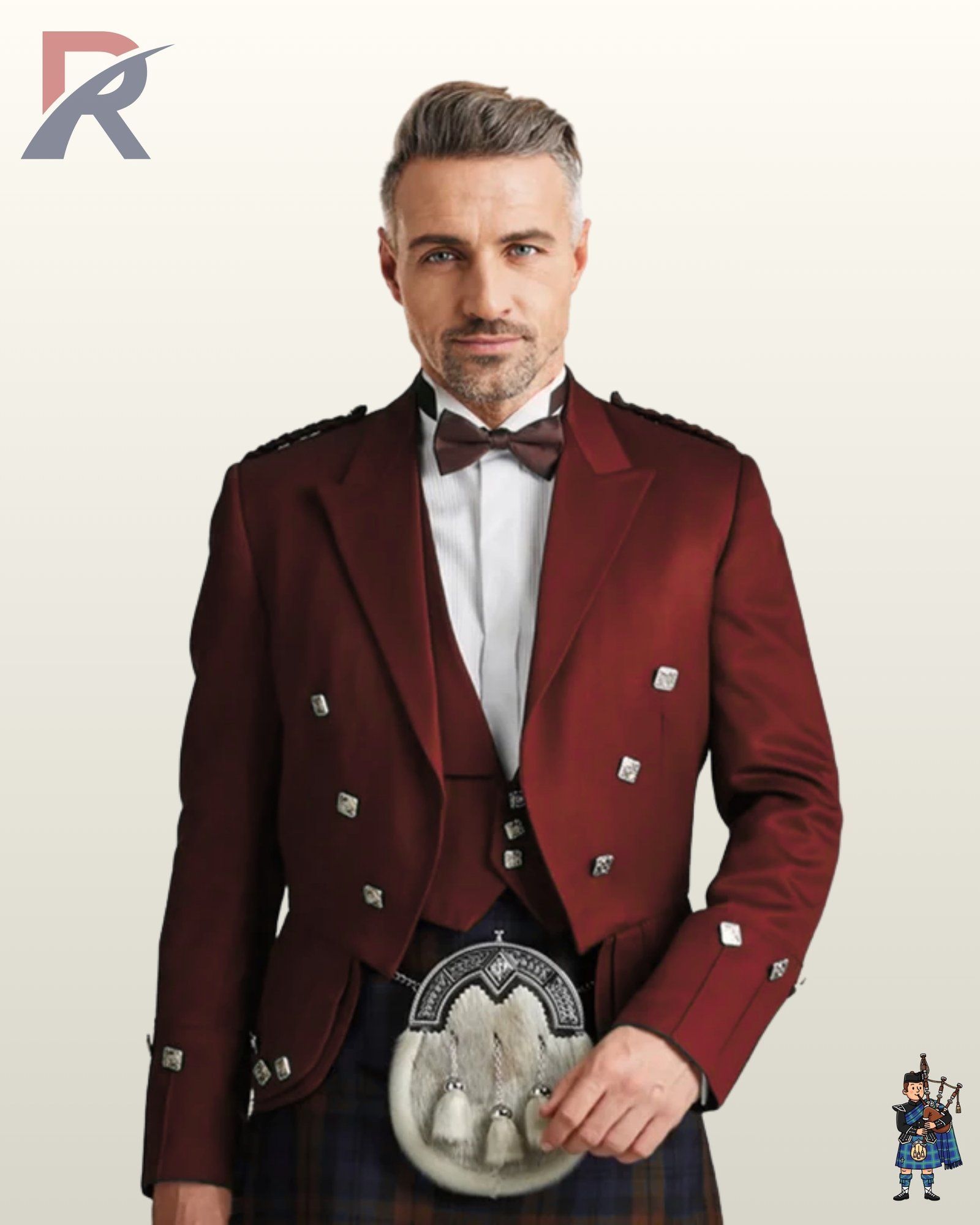 Front view of a model wearing a formal maroon burgundy Prince Charlie kilt jacket set with a matching low-cut waistcoat and bow tie.