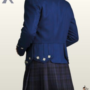 Rear view of a men's royal navy blue wool Prince Charlie kilt jacket displaying scalloped skirt flaps and silver diamond buttons over a tartan kilt.