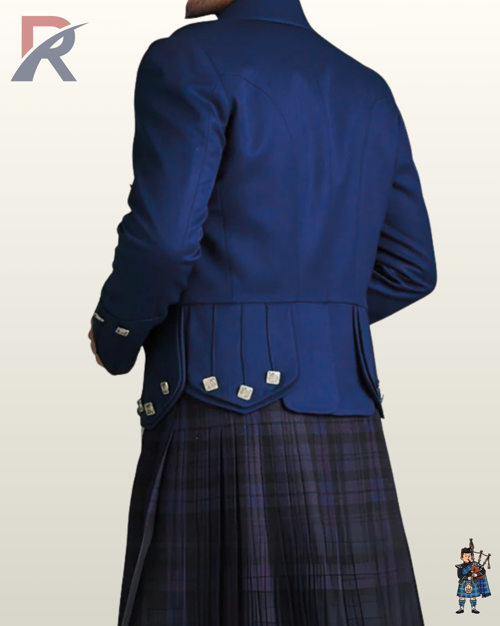 Rear view of a men's royal navy blue wool Prince Charlie kilt jacket displaying scalloped skirt flaps and silver diamond buttons over a tartan kilt.