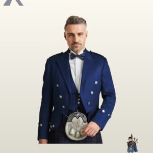 Front view of a model wearing a royal navy blue Prince Charlie kilt jacket set with a matching vest, bow tie, and fur sporran.