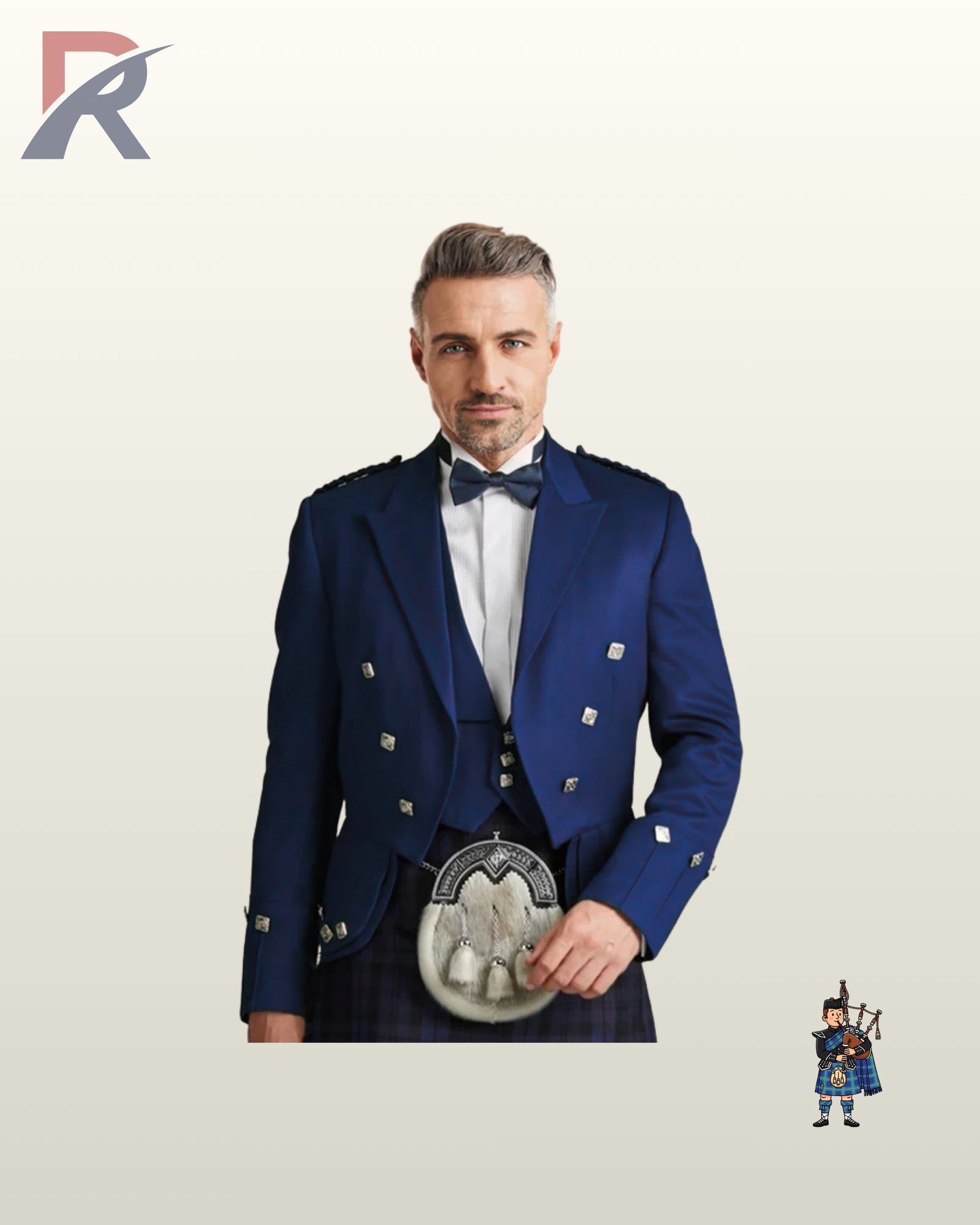 Front view of a model wearing a royal navy blue Prince Charlie kilt jacket set with a matching vest, bow tie, and fur sporran.