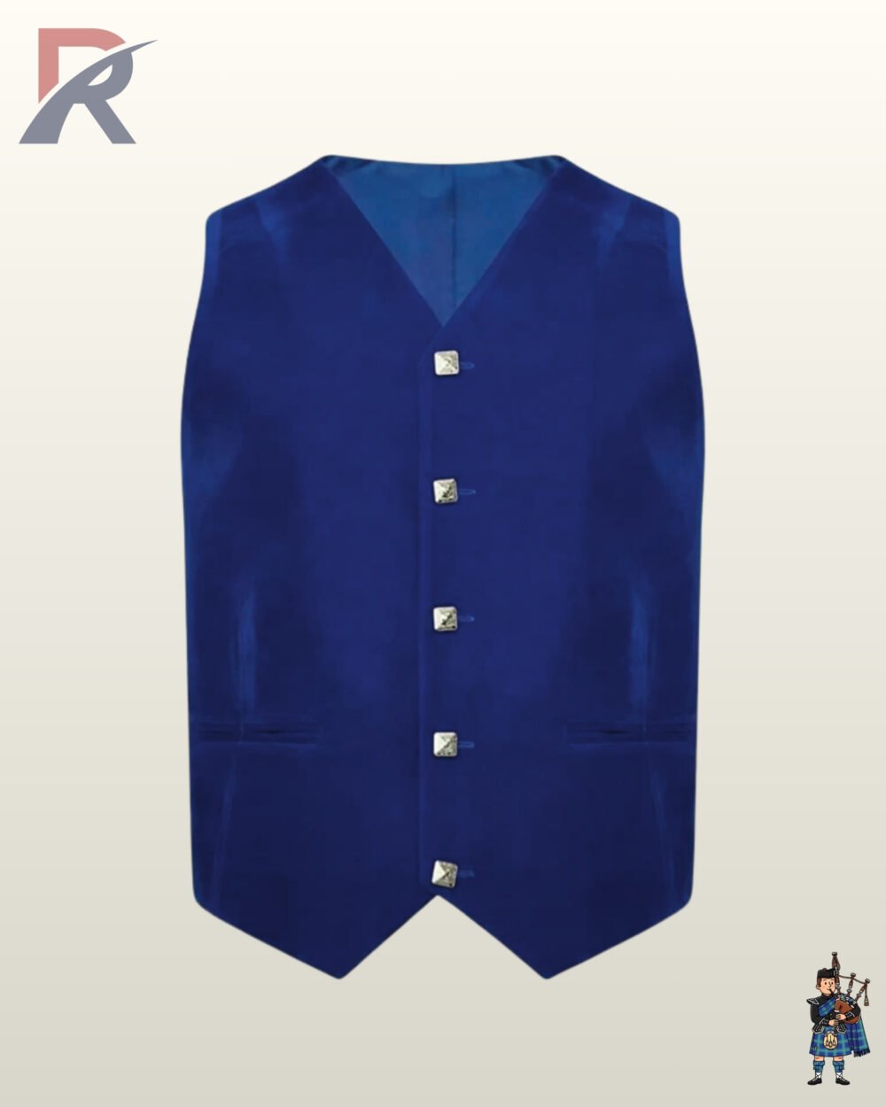 Front view of a men's royal blue velvet 5-button Argyle kilt waistcoat featuring square silver buttons and welt pockets.
