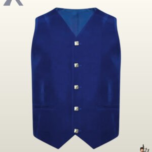 Front view of a men's royal blue velvet 5-button Argyle kilt waistcoat featuring square silver buttons and welt pockets.