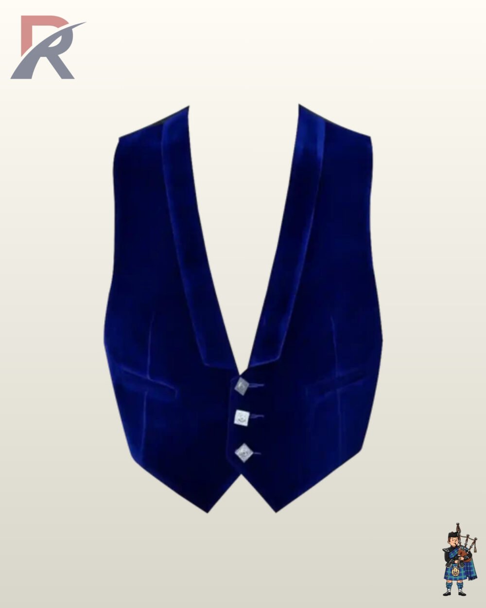 Front view of a men's royal blue velvet 3-button low-cut kilt waistcoat with square silver buttons and silk-lined backing.