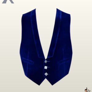 Front view of a men's royal blue velvet 3-button low-cut kilt waistcoat with square silver buttons and silk-lined backing.