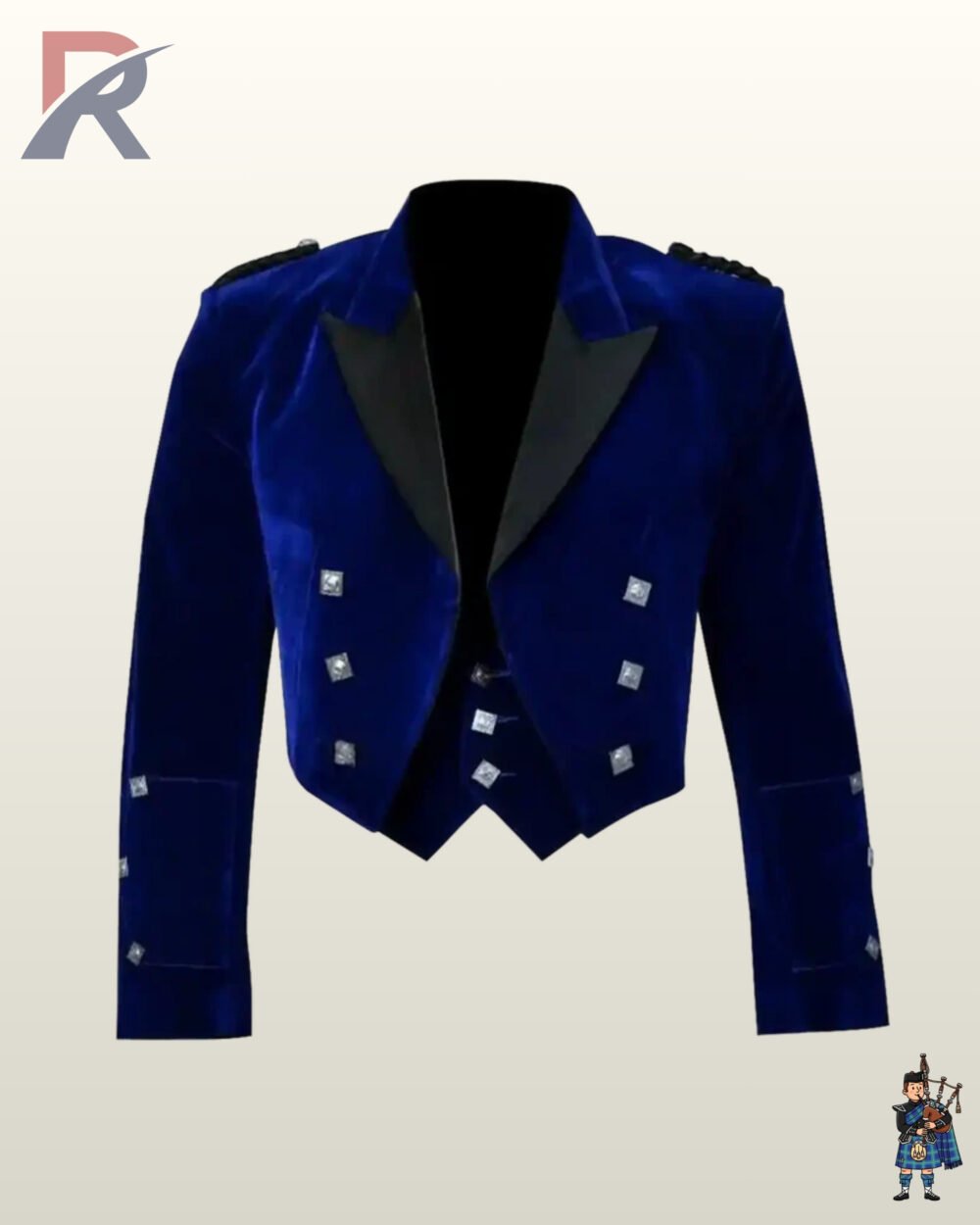 Front view of a men's royal blue velvet Prince Charlie kilt jacket and matching waistcoat with black satin lapels and silver hardware.