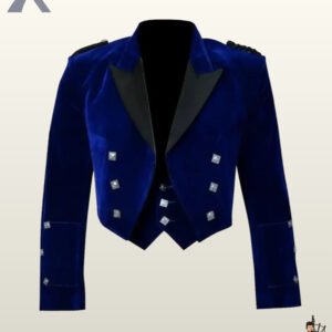 Front view of a men's royal blue velvet Prince Charlie kilt jacket and matching waistcoat with black satin lapels and silver hardware.